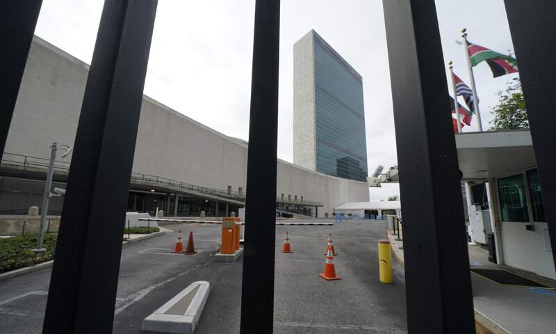 The closed entrance to the United Nations, in New York on September 18, 2020.  AFP