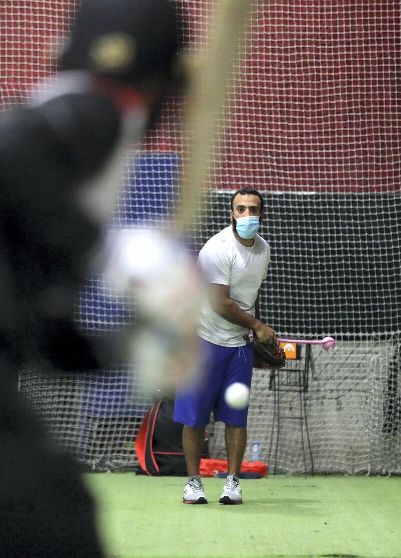 Dubai, United Arab Emirates - Reporter: Paul Radley. Sport. UAE batsman Basil Hameed (UAE kit) training with freelance coach Mohsin Arif. Tuesday, June 30th, 2020. Dubai. Chris Whiteoak / The National