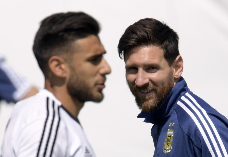 Lionel Messi, right, during training session at Argentina's base camp in Bronnitsy ahead of the World Cup Group D match against Croatia. Juan Mabromata / AFP