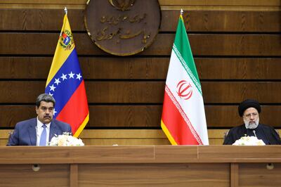 Venezuelan President Nicolas Maduro meets with Iranian President Ebrahim Raisi after Iran delivered to Venezuela the second of four Aframax-sized oil tankers, with a capacity of 800,000 barrels, ordered from the Iranian company SADRA, in Tehran, Iran, June 12, 2022. Reuters