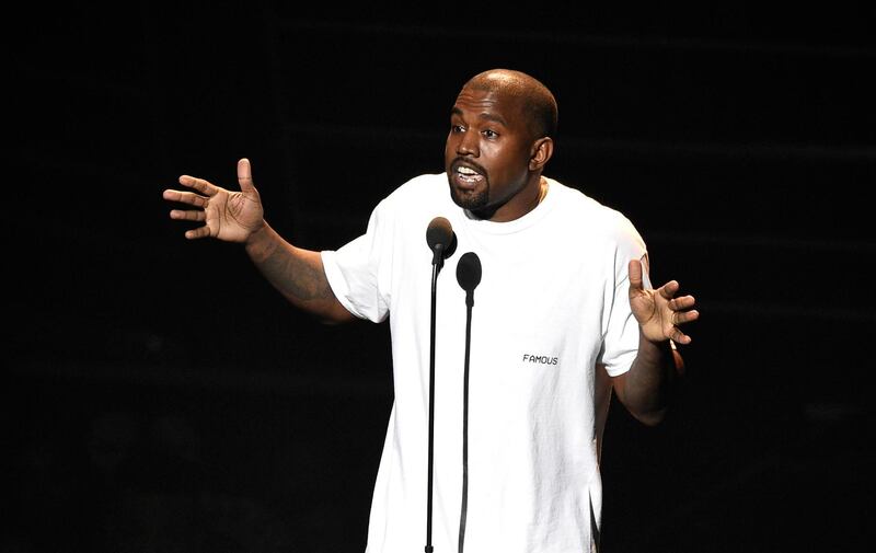 FILE - In this Aug. 28, 2016, file photo. Kanye West appears at the MTV Video Music Awards at Madison Square Garden in New York. West has called American slavery â€œa choice.â€ In an interview Tuesday on â€œTMZ Live,â€ West said, â€œWhen you hear about slavery for 400 years, for 400 years, that sounds like a choice.â€ West also told TMZ that he became addicted to opioids that doctors prescribed after he had surgery for liposuction in 2016. He was hospitalized for a week and had to cut short a tour. (Photo by Chris Pizzello/Invision/AP, File)