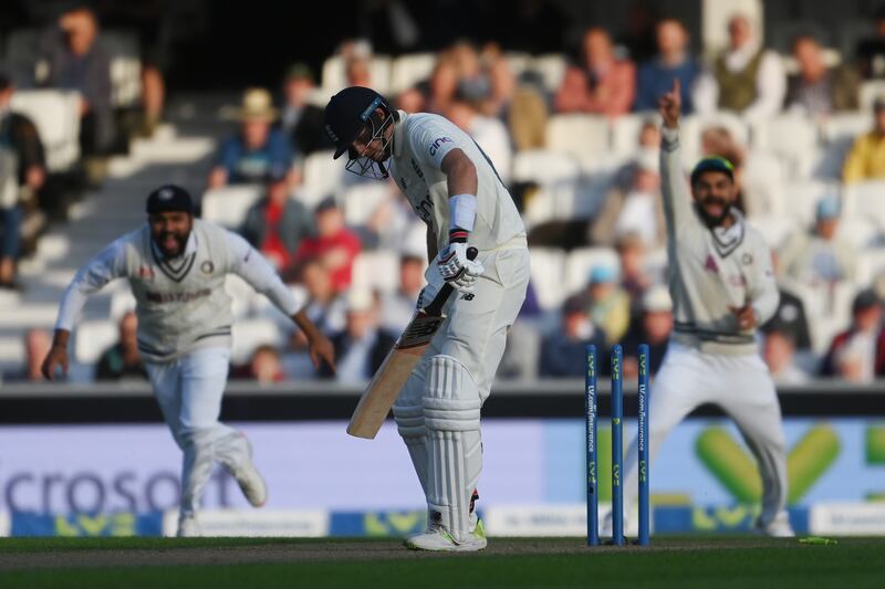 Joe Root is bowled by Umesh Yadav at The Oval. Getty