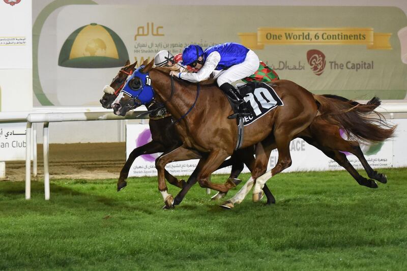 Race 4, Sniper De Monlau and Jockey Patrick Cosgrave finish first in the 8th Race Meeting of 2017/2018  at Abu Dhabi Equestrain Club on 21 Januaray 2018, Vidhyaa for The National 
