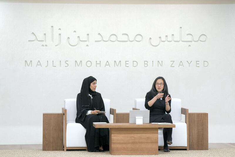 ABU DHABI, UNITED ARAB EMIRATES - May 23, 2018: Angela Duckworth (R) delivers a lecture titled ‘True Grit: The Surprising, and Inspiring Science of Success’, at Majlis Mohamed bin Zayed. Seen with HE Hessa Essa Buhumaid, UAE Minister of Community Development (L).
 ( Mohamed Al Hammadi / Crown Prince Court - Abu Dhabi )
---