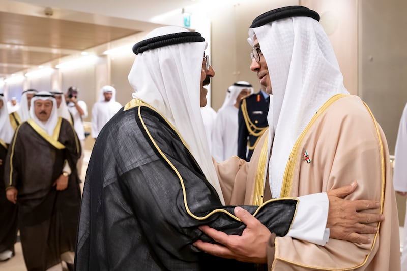 Sheikh Mansour and Sheikh Meshal at the Presidential Airport in Abu Dhabi. Mohamed Al Hammadi / UAE Presidential Court