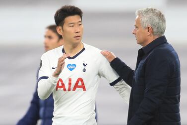 Tottenham manager Jose Mourinho with Son Heung-Min after the win over Everton. EPA