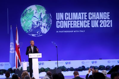 Former US president Barack Obama speaks at Cop26 in Glasgow on Monday. Reuters