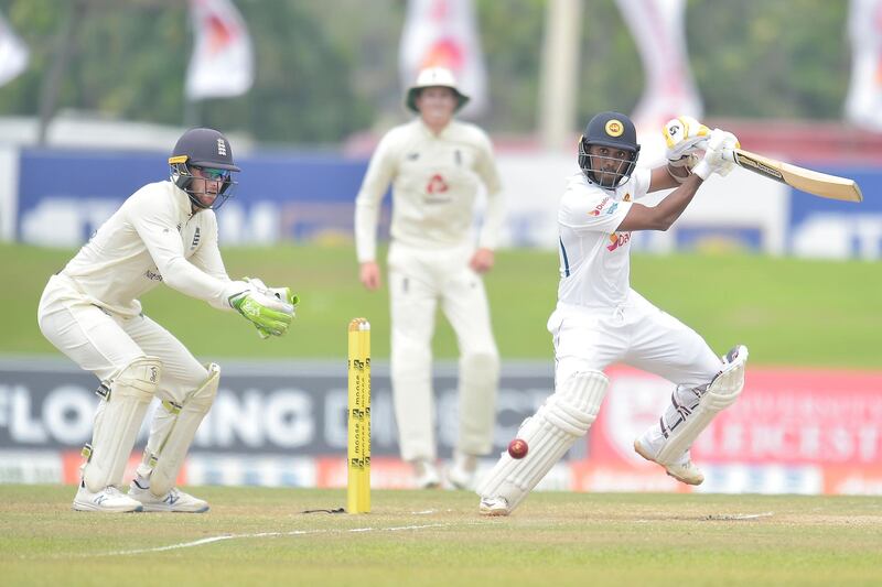 Oshada Fernando plays a cut shot on Monday.