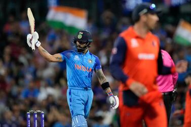 India's Virat Kohli, left, reacts on scoring 50 runs during the T20 World Cup cricket match between India and the Netherlands in Sydney, Australia, Thursday, Oct.  27, 2022.  (AP Photo / Rick Rycroft)