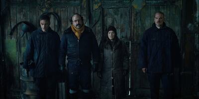 From left: Tom Wlaschiha as Dmitrti, Brett Gelman as Murray Bauman, Winona Ryder as Joyce Byers, and David Harbour as Jim Hopper in 'Stranger Things'. Photo: Netflix