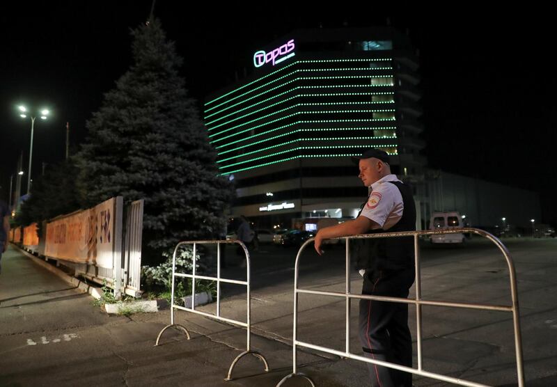 Security blocks the entrance to the Topos Congress hotel in the soccer World Cup host city of Rostov-on-Don, Russia June 26, 2018. Reuters witnesses at the scene said they were told by police that they had been evacuated due to a bomb threat. REUTERS/Marko Djurica