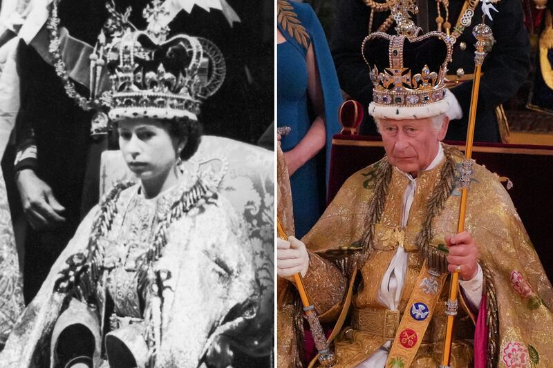 Queen Elizabeth II and King Charles III during their coronation ceremonies. Getty