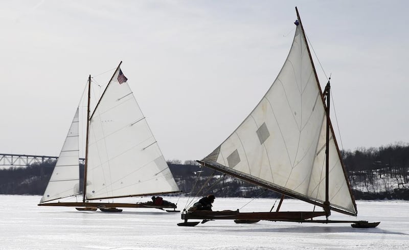 Antique ice sailboats from the Hudson River Ice Yacht Club’s sail on the frozen upper Hudson river.  (Mike Segar / Reuters / March 7, 2014)