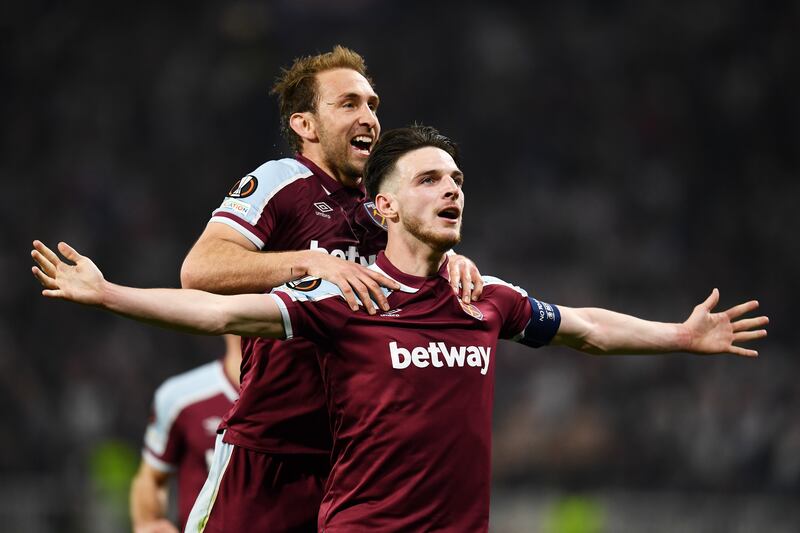 Declan Rice celebrates with Craig Dawson after scoring the second goal. Getty
