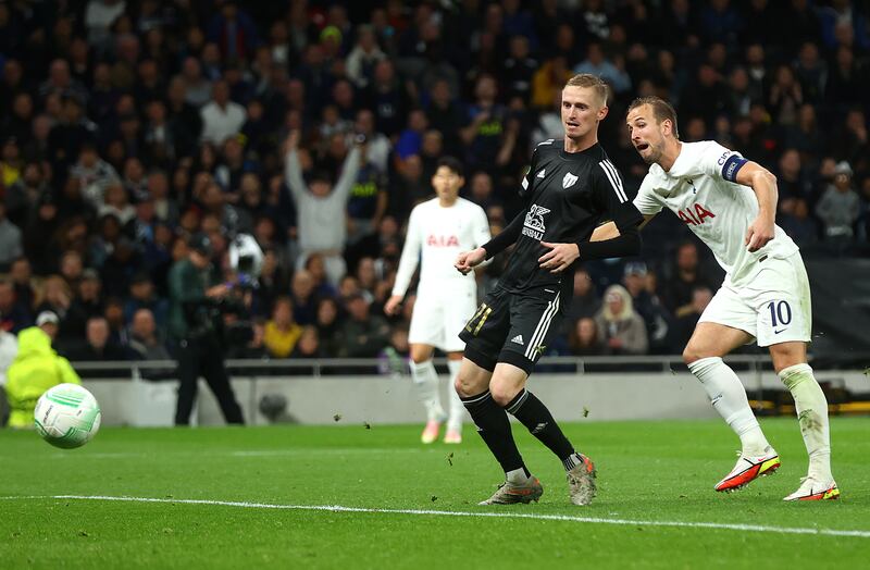 Harry Kane scores his team's fifth goal on Thursday. Getty