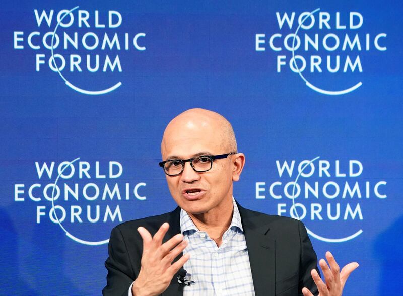 Satya Nadella, chief executive of Microsoft Corporation, gestures as he speaks during the World Economic Forum (WEF) annual meeting in Davos. Denis Balibouse / Reuters