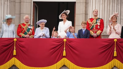 A photo from June 2022 shows Camilla, the then Duchess of Cornwall, Prince Charles, Queen Elizabeth, Prince Louis, the Duchess of Cambridge, Princess Charlotte, Prince George, the Duke of Cambridge, and the Countess of Wessex on the balcony of Buckingham Palace.