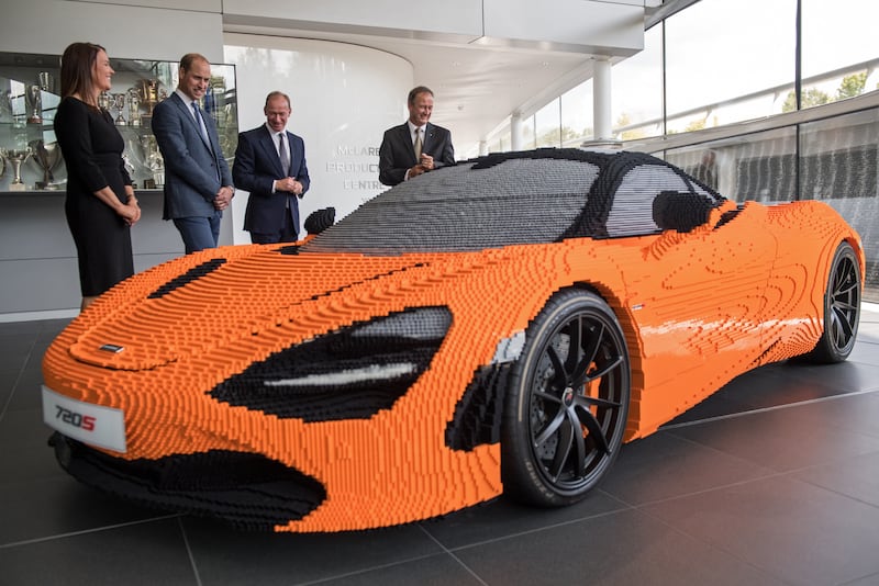 A McLaren 720S made entirely out of Lego bricks is shown to Britain's Prince William. An F1 Lego car is being built in Jeddah, ahead of the Saudi Arabian Grand Prix. AFP