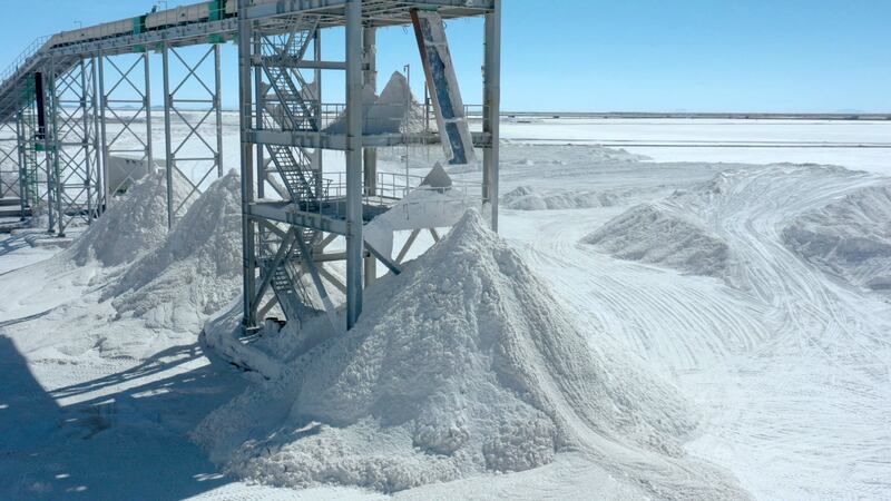 Piles of salt, a byproduct of lithium extraction, at the new state-owned lithium extraction complex at Uyuni Salt Flat, Bolivia. AFP