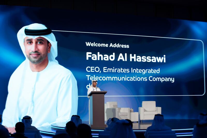 Fahad Al Hassawi, chief executive of du parent Emirates Integrated Telecommunications Company, delivering his keynote at the Envision conference in Dubai on Tuesday. Photo: EITC