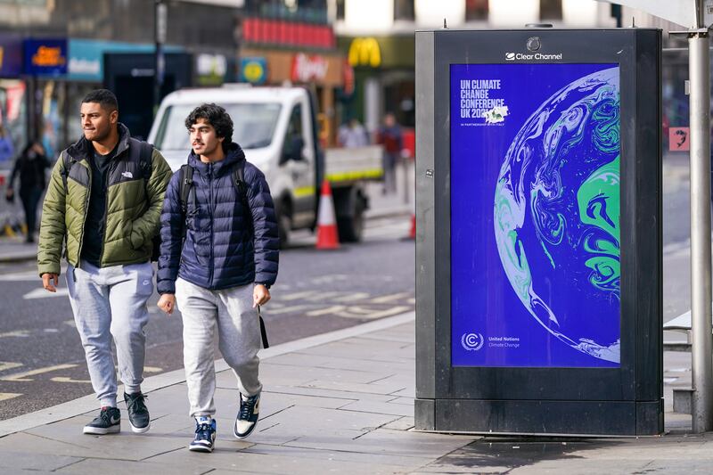 An electronic poster advertising the Cop26 summit. World leaders will kick off the summit by setting 'high-level ambition' for climate action, the UK government says.  Bloomberg