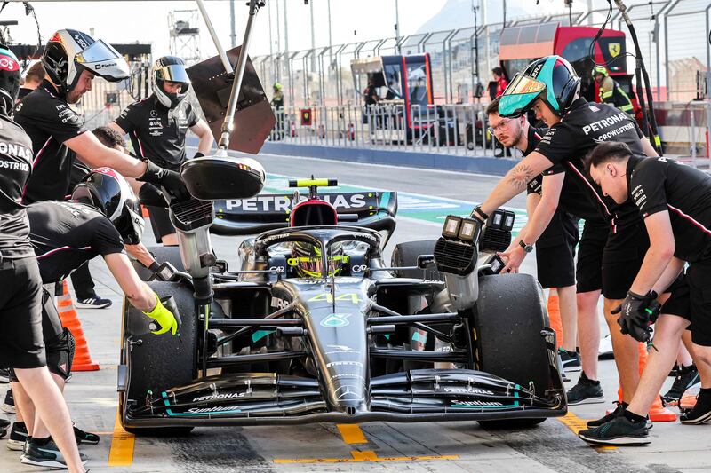Mercedes' Lewis Hamilton prepares to leave the pits. AFP
