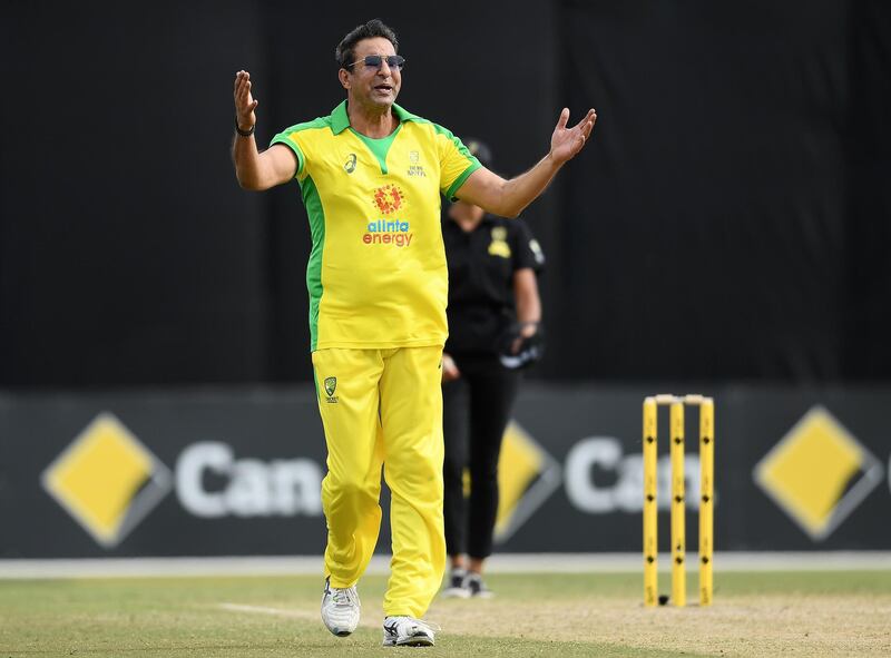 Wasim Akram bowled two overs during the Bushfire Cricket Bash T10 match at Junction Oval on Sunday. Getty Images