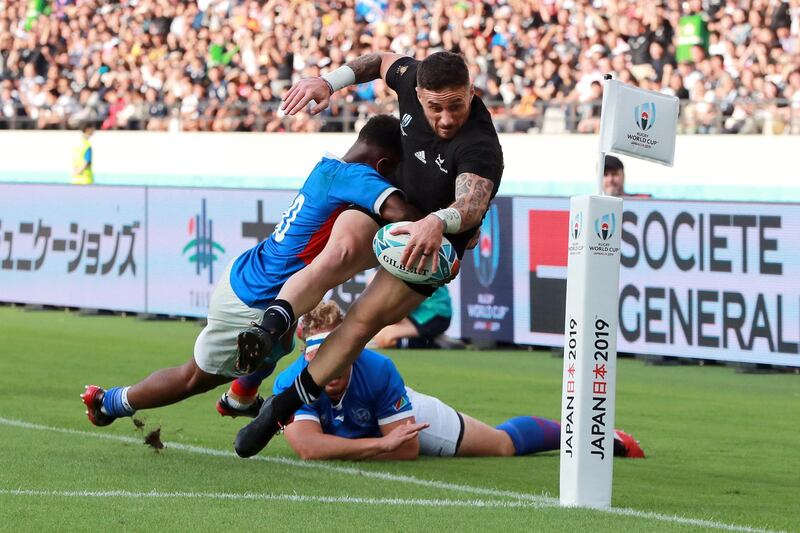 CHOFU, JAPAN - OCTOBER 06: TJ Perenara of New Zealand dives to score his side's eleventh try during the Rugby World Cup 2019 Group B game between New Zealand and Namibia at Tokyo Stadium on October 06, 2019 in Chofu, Tokyo, Japan. (Photo by David Rogers/Getty Images)