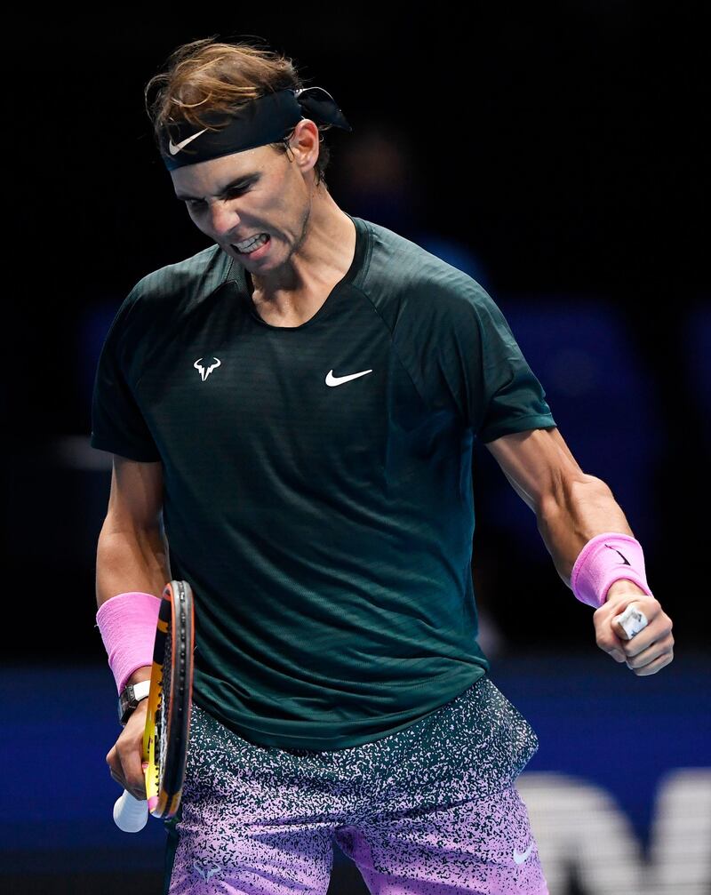 Spain's Rafael Nadal celebrates after winning his group stage match against Russia's Andrey Rublev. Reuters