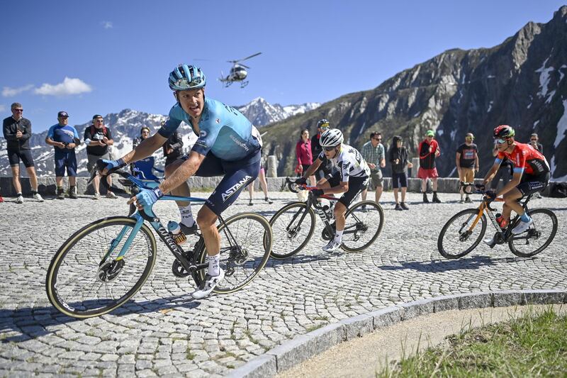 Jakob Fuglsang from Denmark leads Domenico Pozzovivo of Italy and Gino Maeder from Switzerland during the final stage of the 84th Tour de Suisse UCI Pro Tour cycling race. EPA