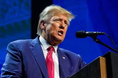 FILE - Former President Donald Trump speaks at the National Rifle Association Convention in Indianapolis, on April 14, 2023.  The competition between Trump and Florida Gov.  Ron DeSantis is intensifying as the former president is scheduling a return trip to Iowa on the same day that the Florida governor was already going to be in the state that will kick off the Republican contest for the White House.  (AP Photo / Michael Conroy, File)