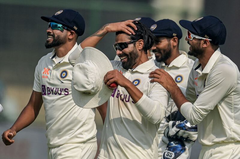 India's Ravindra Jadeja celebrates a wicket as he finished with career-best figures of 7-42. AFP