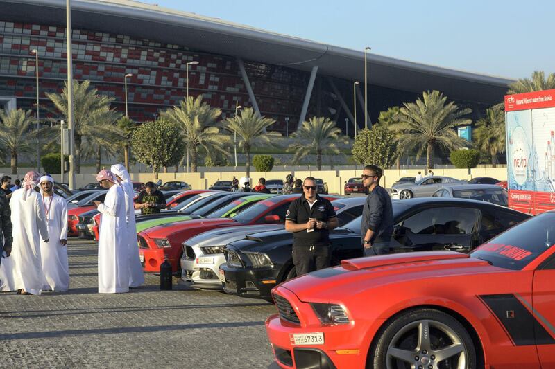 Abu Dhabi, United Arab Emirates - Mustangs models such as Rouch, Shelby Super Snake and Shelby GT350 were displayed at the Drag Race Car Show event sponsored by Premium Motors & organized by Emirates Mustang Club at Yas Marina Circuit on January 29, 2018. (Khushnum Bhandari/ The National)