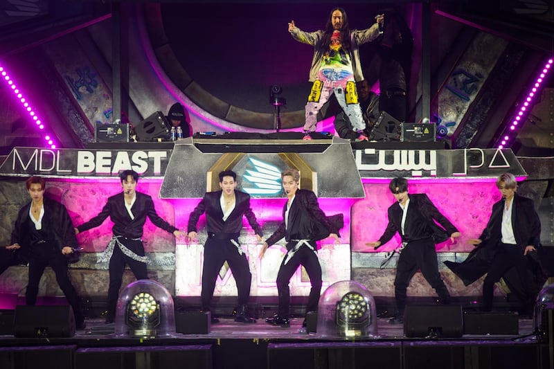 Monsta X and Steve Aoki performing at MDL Beast, a three-day festival in Riyadh, Saudi Arabia, bringing together the best in music, performing arts and culture.