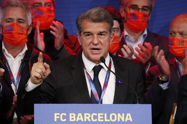 Soccer Football - FC Barcelona elects Joan Laporta as new club resident - Camp Nou, Barcelona, Spain - March 8, 2021 Newly elected FC Barcelona president Joan Laporta and his staff during press conference REUTERS/Albert Gea