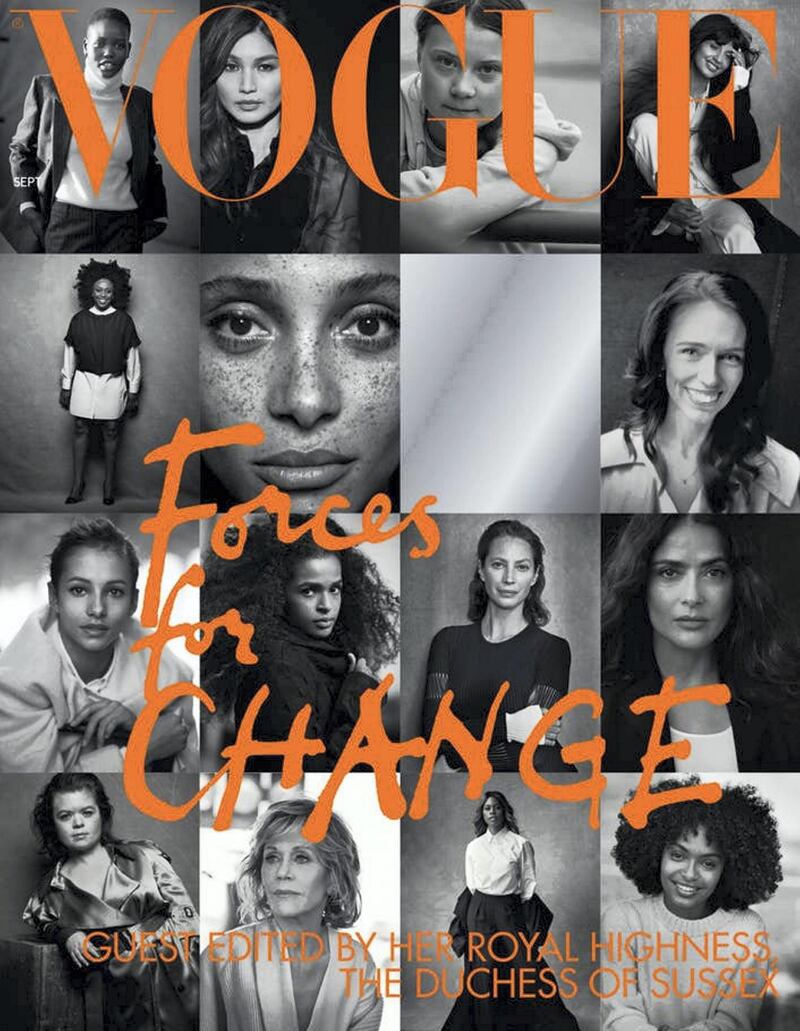 The cover of the September 2019 issue of British Vogue featured 15 famous women, plus an empty mirrored square to include the viewer. Shot by Lindbergh, the issue was guest edited by the Duchess of Sussex.