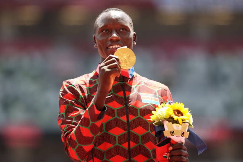 TOKYO, JAPAN - AUGUST 05: Gold medalist Emmanuel Kipkurui Korir of Team Kenya poses during the medal ceremony for the Men's 800m Final.