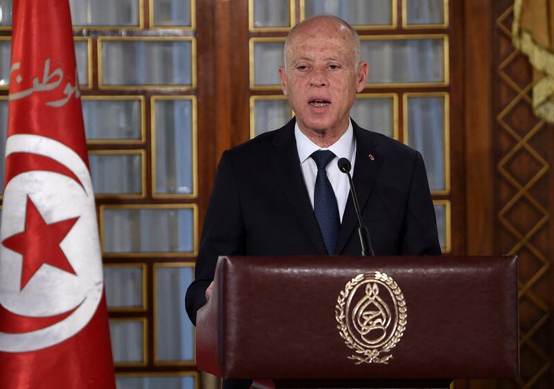 Tunisia's President Kais Saied at the government's swearing-in ceremony outside the capital Tunis. Reuters