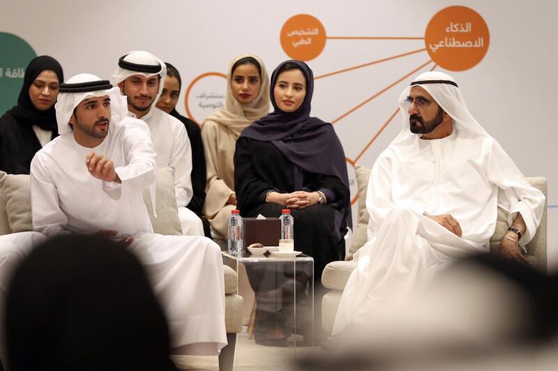 Sheikh Mohammed bin Rashid, Vice President and Ruler of Dubai, chairs a brainstorming session with his team and Sheikh Hamdan bin Mohammed, Crown Prince of Dubai. Wam