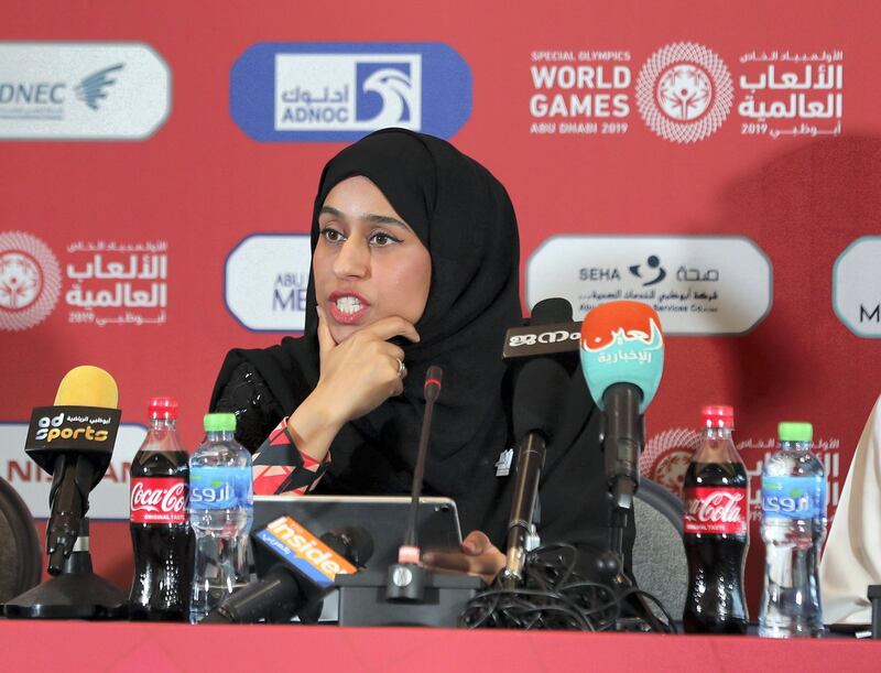 Abu Dhabi, United Arab Emirates - March 13, 2019: Her Excellency Hessa bint Essa Buhumaid, Minister of Community Development speaks at the Special Olympics Opening Press Conference. Wednesday the 13th of March 2019 at ADNEC, Abu Dhabi. Chris Whiteoak / The National