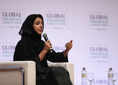 ABU DHABI - UNITED ARAB EMIRATES - 02MAR2016 - Reem al Hashimy, UAE minister of state, at the opening of Global Financial Markets Forum yesterday at Emirates Palace hotel in Abu Dhabi. Ravindranath K / The National
(to go with Mahmoud story for Business)
ID: 73737 *** Local Caption ***  RK0203-NBADForum08.jpg