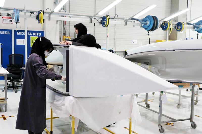 AL AIN , UNITED ARAB EMIRATES , JULY 2 – 2018 :- Workers working on the parts for Airbus and Boeing in the Assembly section at the Strata Manufacturing facility in Al Ain. ( Pawan Singh / The National )  For News. Story by John Dennehy