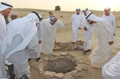 Sheikh Mohammed bin Rashid, Vice President and Ruler of Dubai, inspects the excavations at Saruq Al Hadid. Photo: Wam