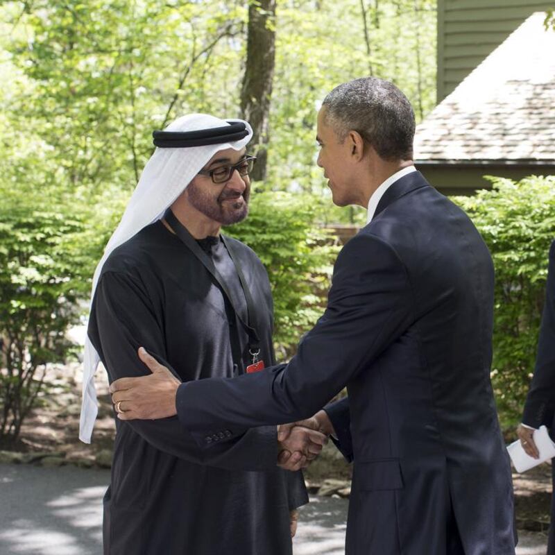 Sheikh Mohammed bin Zayed, Crown Prince of Abu Dhabi and Deputy Supreme Commander of the UAE Armed Forces, is greeted by US president Barack Obama at Camp David. Ryan Carter / Crown Prince Court - Abu Dhabi