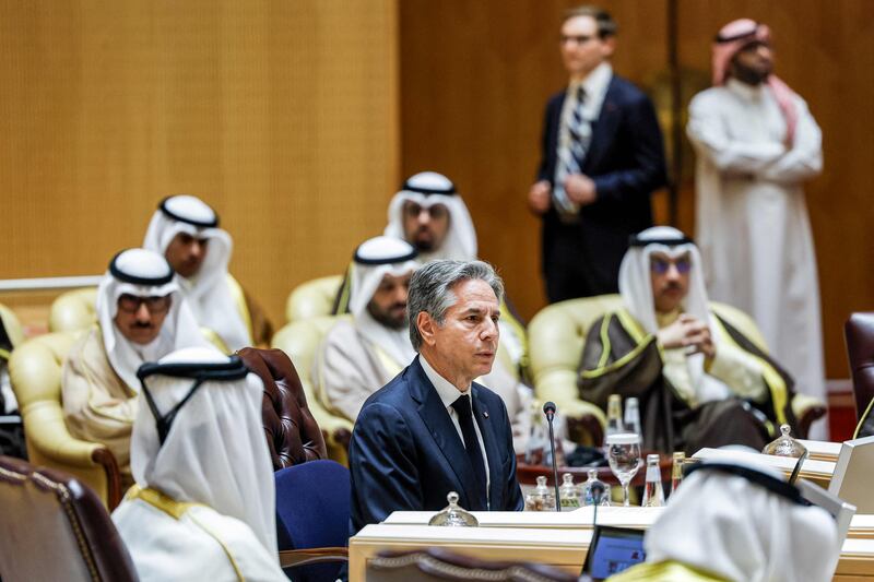 US Secretary of State Antony Blinken at a Joint Ministerial Meeting of the Gulf Cooperation Council-US Strategic Partnership discussing the Gaza war, in Riyadh. AFP