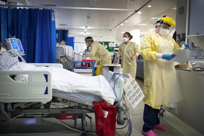 Nurses work on patients in the ICU (Intensive Care Unit) in St George's Hospital in Tooting, south-west London, where the number of intensive care beds for the critically sick has had to be increased from 60 to 120, the vast majority of which are for coronavirus patients. (Photo by Victoria Jones/PA Images via Getty Images)