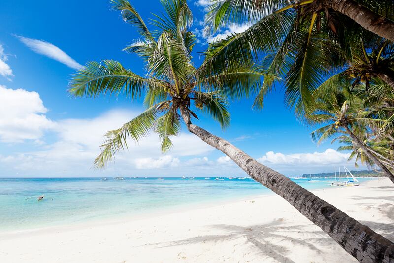 10. Tropical white sand beach with coconut trees and turquoise waters on Boracay island, the Philippines.