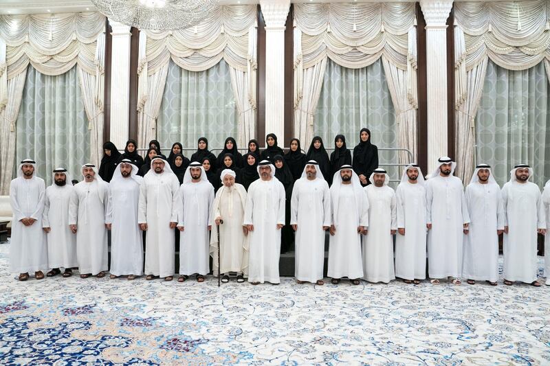ABU DHABI, UNITED ARAB EMIRATES - May 15, 2019: HH Sheikh Hamed bin Zayed Al Nahyan, Chairman of the Crown Prince Court of Abu Dhabi and Abu Dhabi Executive Council Member (front row 8th L), stands for a group photograph with members of the General Authority for Islamic Affairs and Endowments., during an iftar reception at Al Bateen Palace. Seen with HE Shaykh Abdallah bin Bayyah (front row 7th L) and HE Dr Mohamed Matar Salem bin Abid Al Kaabi, Chairman of the UAE General Authority of Islamic Affairs and Endowments (front row 9th L).

( Eissa Al Hammadi for the Ministry of Presidential Affairs )
---