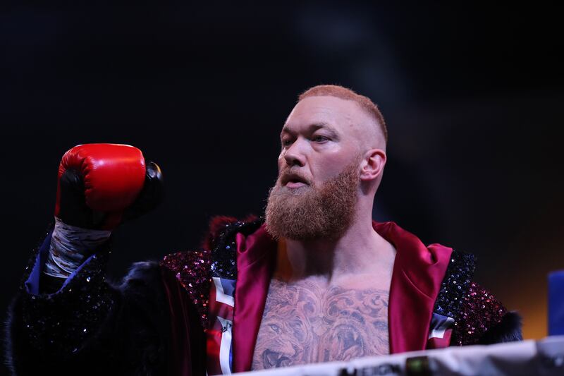 Thor 'The Mountain' Bjornsson makes his way to the ring  to face Eddie 'The Beast' Hall at the Dubai Tennis Stadium. Chris Whiteoak / The National