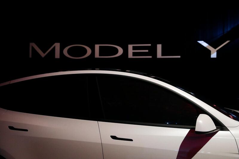 Tesla's Model Y is displayed at Tesla's design studio. AP Photo